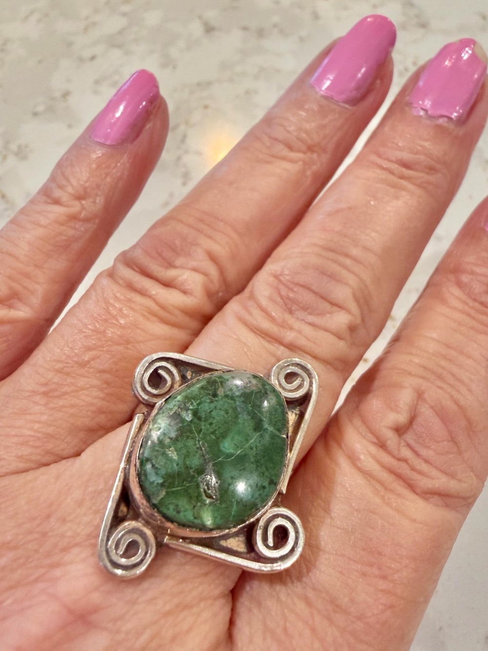 Vintage Signed Mexican Sterling Silver Green Turquoise Statement Ring Size 8.5